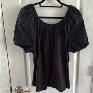 Black Puff Sleeve Ruched Blouse